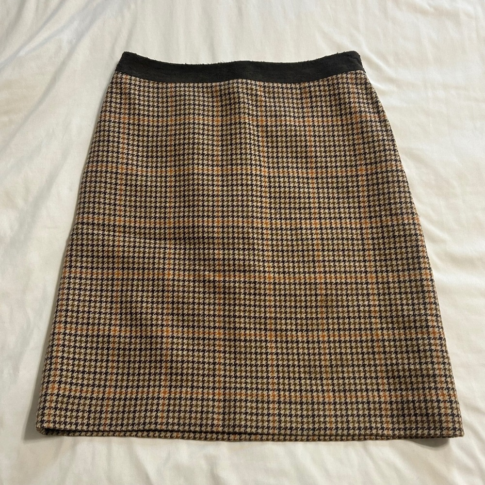 Ann Taylor Petites Wool Houndstooth Skirt Brown Tan Plaid A-Line Mini Size 2P